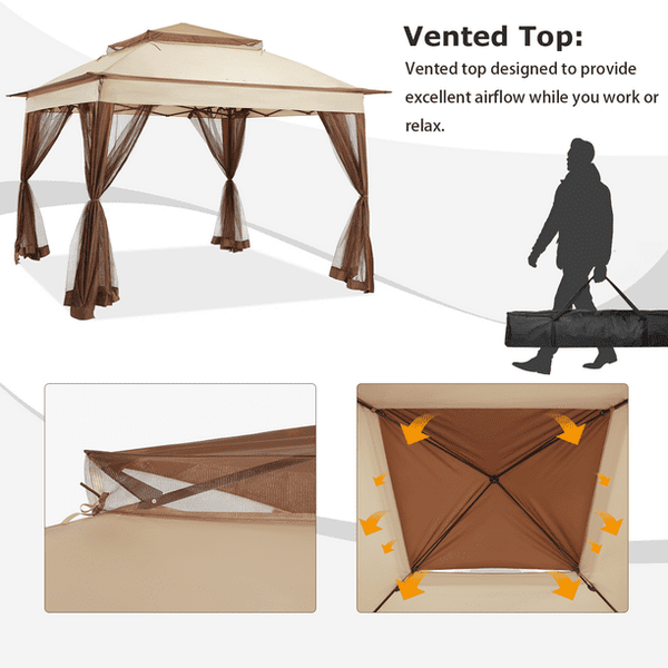 Mellcom 11' x 11' Pop Up Gazebo Tent, Outdoor Instant Canopy Shelter with Carrying bag, Beige