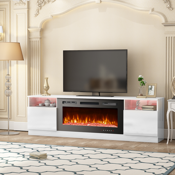 Mellcom 70'' Fireplace TV Stand with 36'' Electric Fireplace, Entertainment Center with 16 Color Led Lights and 12 Flame Fireplace Insert Heater, TV Console for TVs up to 80'' for Living Room, White