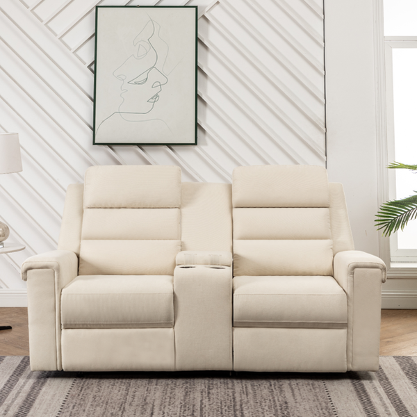 Mellcom Reclining Console Loveseat, Manual Upholstered Home Theater Seating, Arm Sofa Recliner Chair for Living Room, Beige