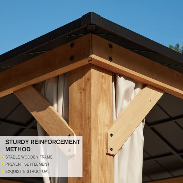 Erommy 11' x 11' Cedar Wood Frame Gazebo, Outdoor Hardtop Gazebo with Metal Roof,Curtains and Nettings