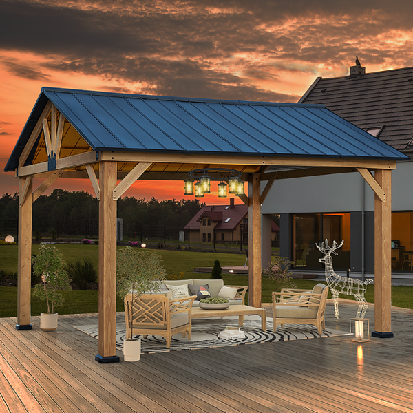 Yoleny 13' x 11' Outdoor Gazebo Wooden Gazebo Cedar Framed Gazebo with Black Steel Hardtop Roof for Garden,Patio,Lawns