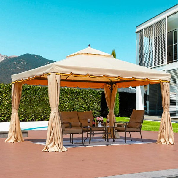 Yoleny 10’ x 12’ Outdoor Canopy Gazebo Double Roof Patio Gazebo Steel Frame with Netting and Shade Curtains for Garden,Patio,Party Canopy-Beige