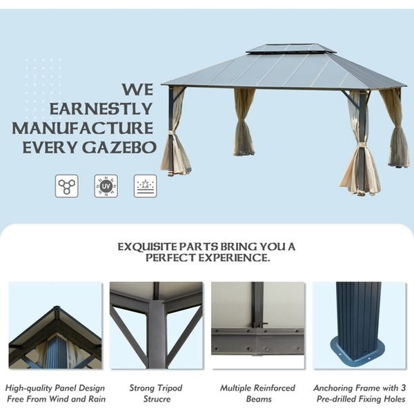 Erommy 12'x16Ft Hardtop Gazebo, Permanent Outdoor Aluminum Patio Gazebo with Aluminum Composite Double Roof for Patio Lawn and Garden