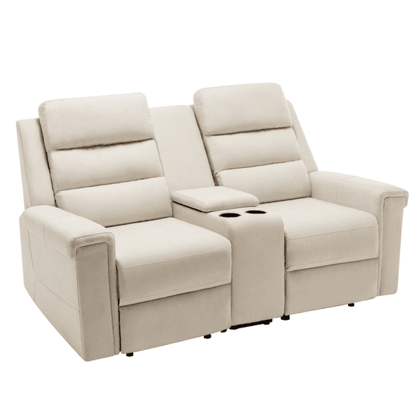 Mellcom Reclining Console Loveseat, Manual Upholstered Home Theater Seating, Arm Sofa Recliner Chair for Living Room, Beige