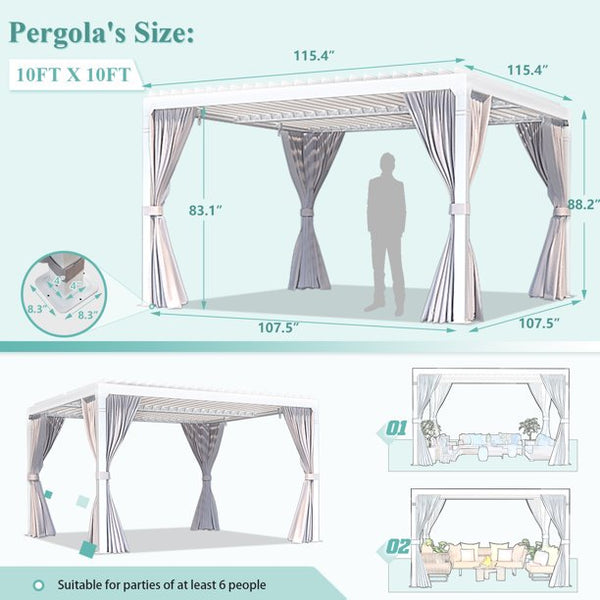 Yoleny 10'×10' Outdoor Louvered Pergola with Adjustable Aluminum Rainproof Roof, White