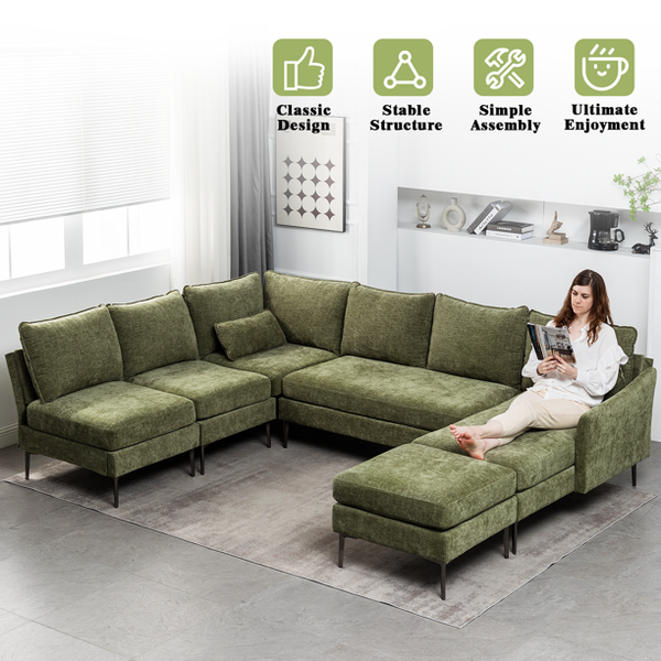 Mellcom U Shaped Sectional Sofa Chenille Convertible Sectional Couch with Chaise Lounge and Ottman for Living Room,Green