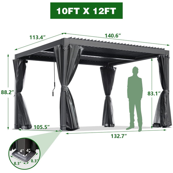 Yoleny 10'×12' Outdoor Hardtop Gazebo Pergola with Adjustable Aluminum Rainproof Roof, Black