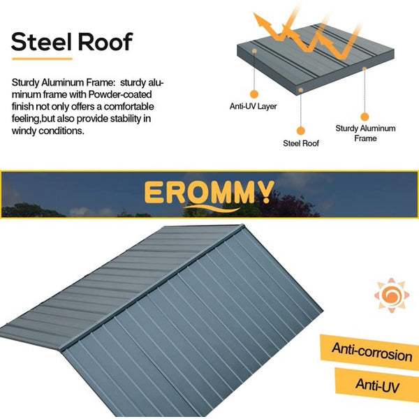 Erommy 11' x 13' Outdoor Carport, Outdoor Hardtop Gazebo with Black Steel Hardtop Roof for Garden, Patio