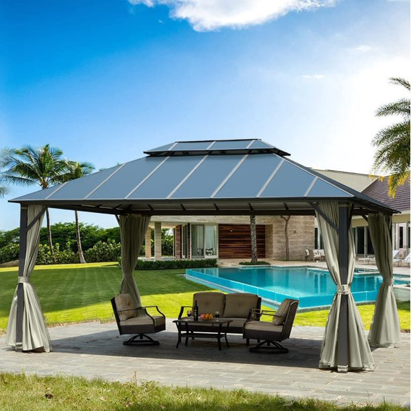 Erommy 12'x16Ft Hardtop Gazebo, Permanent Outdoor Aluminum Patio Gazebo with Aluminum Composite Double Roof for Patio Lawn and Garden
