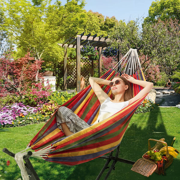 Yoleny Hammock with Stand Included, Double-bar Heavy Duty Cotton Rope Hammock with Portable Carrying Bag for Patio Porch, Rainbow Stripe
