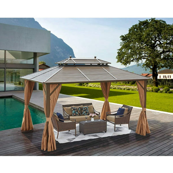 Erommy10' x 13' Hardtop Gazebo Galvanized Steel Outdoor Gazebo Canopy Double Vented Roof Pergolas Aluminum Frame with Netting and Curtains for Garden,Patio,Lawns,Parties