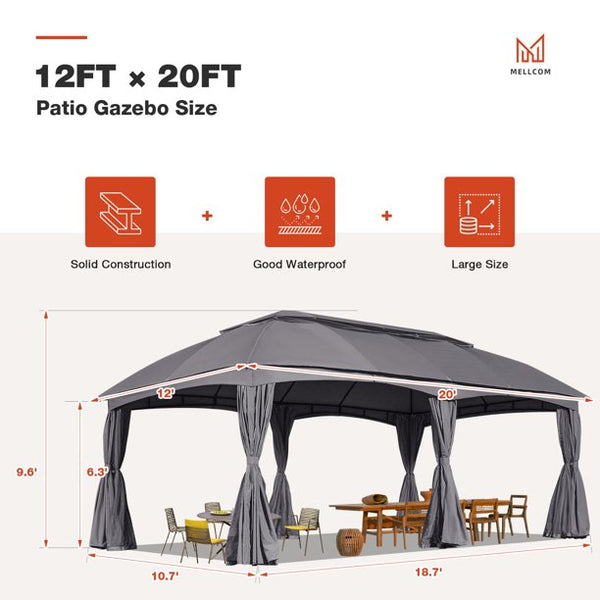Mellcom 12'x20' Canopy Gazebo, Patio Party Tent with Vented Soft Top, Outdoor Garden Gazebo for Backyard, Event, Gray