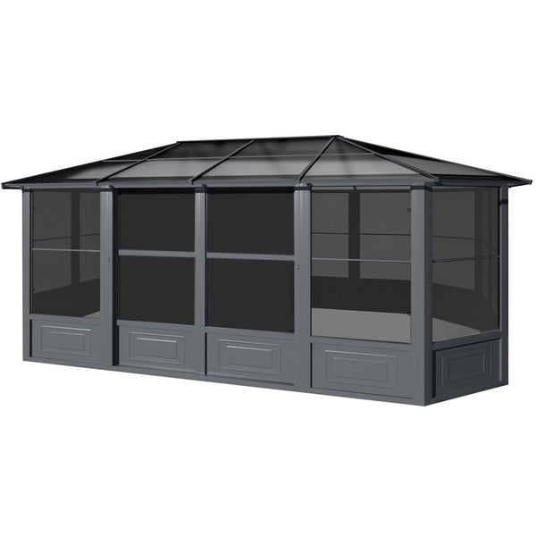 Yoleny 12' x 18' Solarium Sunroom, Outdoor Hardtop Polycarbonate Roof Sun Room, Aluminum Frame Permanent Tiny House with Sliding Doors and Screens,for Garden, Patio, Lawns
