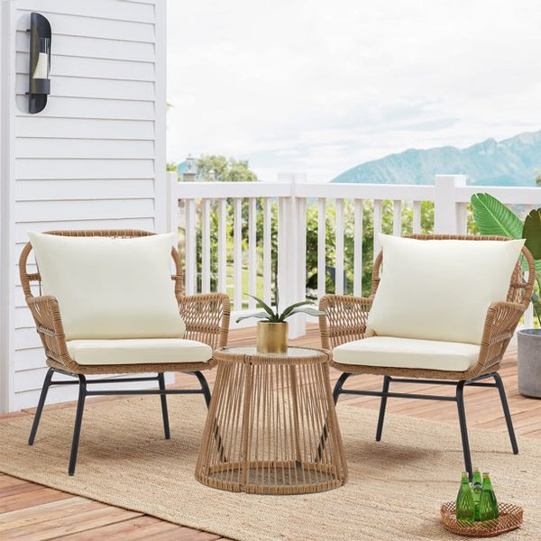 Erommy 3-Piece Patio Conversation Set, Outdoor Wicker Furniture with 2 Wide Armchairs & Tempered Glass Top Table, Cushions Included