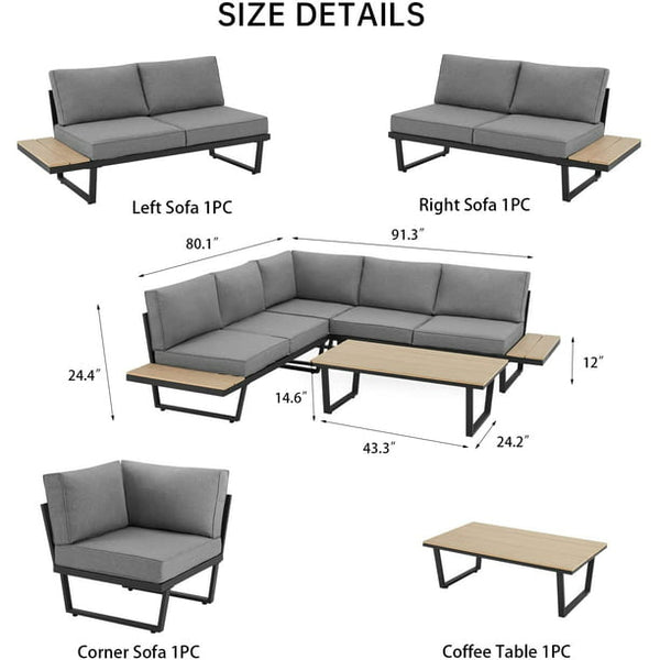 Erommy Outdoor Conversation Set with Coffee Table, All-Weather L-Shaped Metal Patio Sectional Sofa Set with Gray Cushion and Built-in Side Table for Patio, Deck, Backyard, Garden