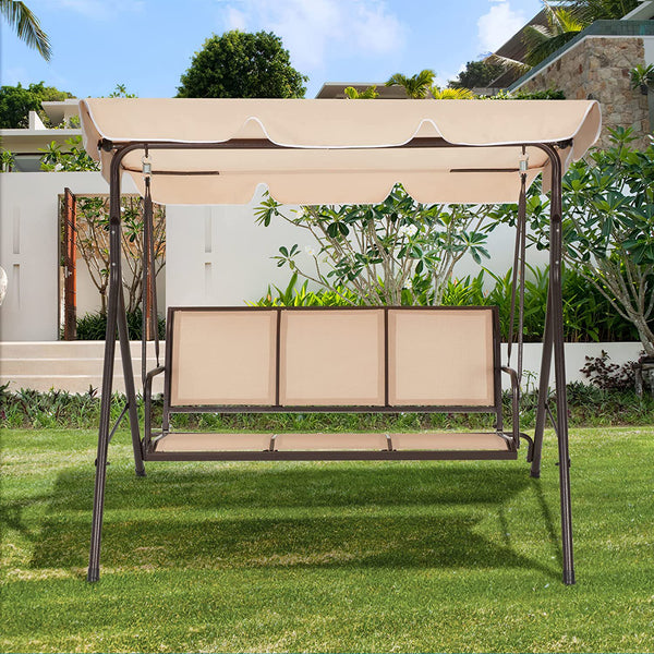 Yoleny Outdoor Patio Swing Chair, 3-Person Porch Swing with All-Weather Convertible Canopy and Textilene Fabric Seats, Steel Frame Bench Swing for Outsides, Backyard, Garden, Poolside, Beige