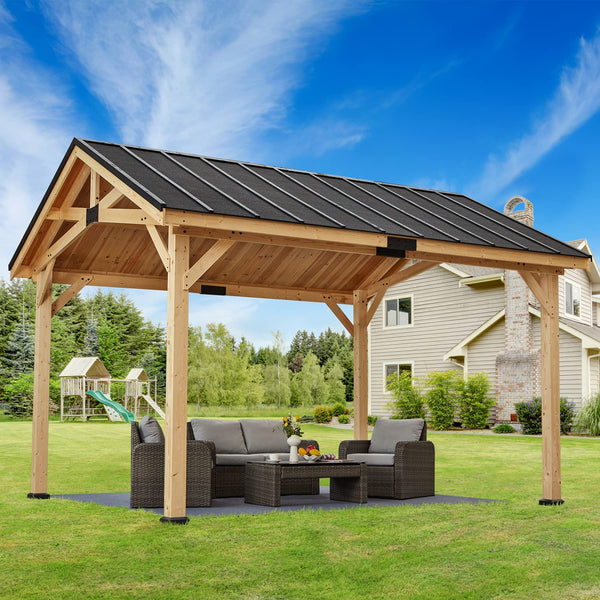 Mellcom 12x15 FT Hardtop Gazebo, Solid Wood Gazebo with Waterproof Asphalt Roof, for Patio, Lawn, Garden