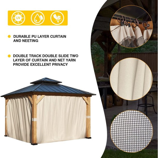 Erommy 11' x 11' Cedar Wood Frame Gazebo, Outdoor Hardtop Gazebo with Metal Roof,Curtains and Nettings
