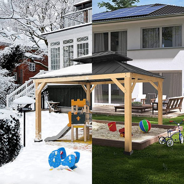 Erommy 13' x 11' Hardtop Wooden Gazebo,Double Roof Patio Gazebo with Cedar Wood Frame & Galvanized Steel Top, All-Weather r for Garden, Patio, Lawns
