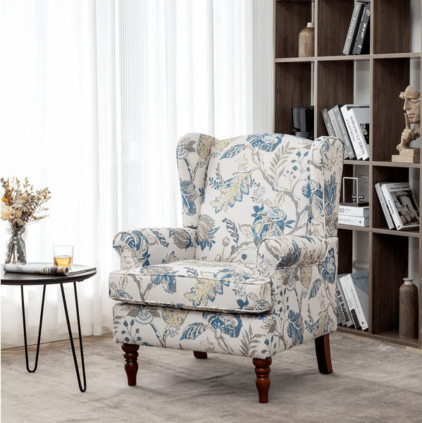 Mellcom Upholstered Accent Chair, Floral Print Fabric Armchair,Blue