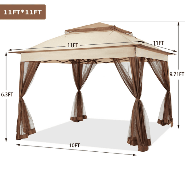 Mellcom 11' x 11' Pop Up Gazebo Tent, Outdoor Instant Canopy Shelter with Carrying bag, Beige