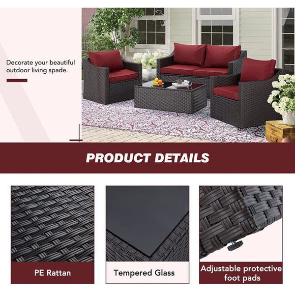 Mellcom 4 Pcs Patio Furniture Sets Retro Wicker PE Rattan Outdoor Garden Furniture Sets,Red Wine