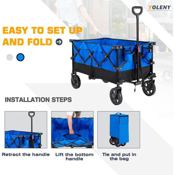 Yoleny Folding Wagon Cart 180 Pound Capacity, Outdoor Garden Cart Foldable Wagon for Travel, Shopping, Camping, Blue
