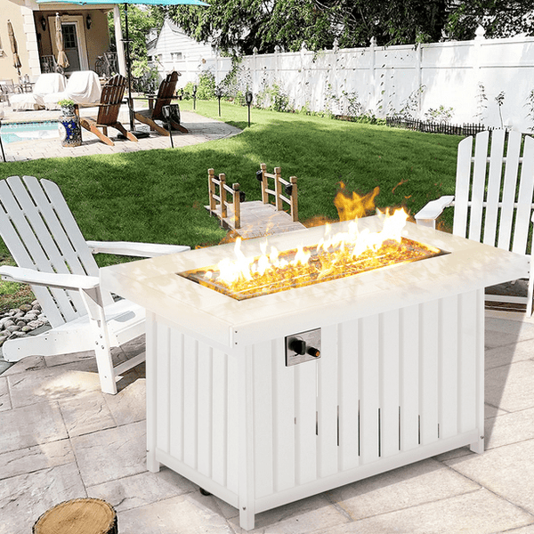 Mellcom 43in Propane Fire Pit Table, 50000 BTU HDPE Rectangle Gas Fire Pit for Outside, Paito, Backyard, White