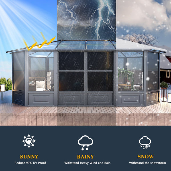 Yoleny 12' x 18' Solarium Sunroom, Outdoor Hardtop Polycarbonate Roof Sun Room, Aluminum Frame Permanent Tiny House with Sliding Doors and Screens,for Garden, Patio, Lawns