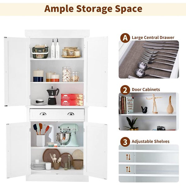 Yoleny Kitchen Pantry, 72” Freestanding Storage Cabinets with Doors and Shelves, Elegant Colonial Design Cabinet Cupboard